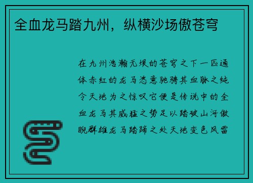 全血龙马踏九州，纵横沙场傲苍穹
